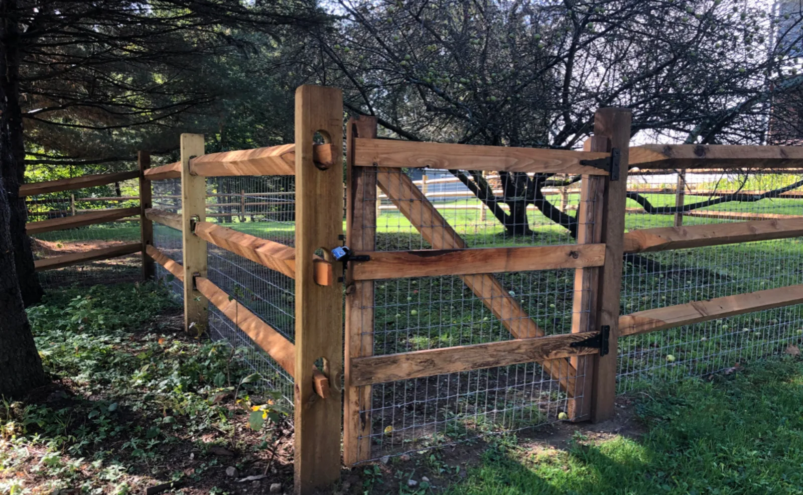 Split rail double gate with welded wire backing at a wooded property