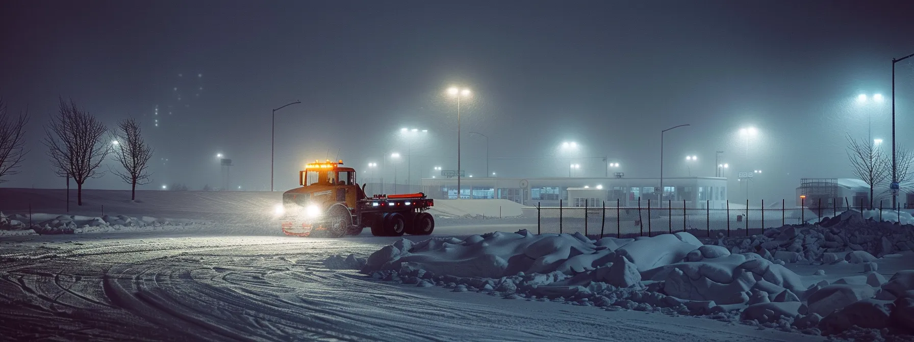 a snow plow clearing a large parking lot covered in thick, white snow.
